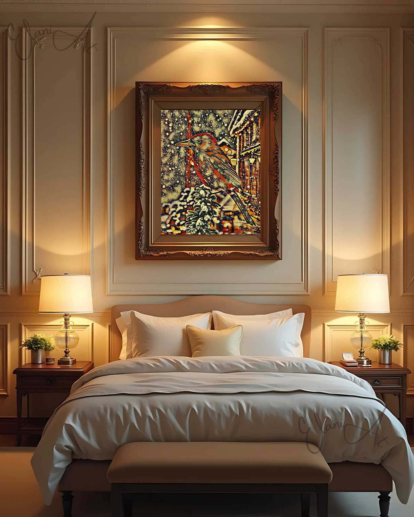 IN THE SNOW - An Original Vivid Brown Bird on Tree Branch in the Snow Mosaic Portrait Winter Impressionistic Wall Artwork Print by ElaniArt