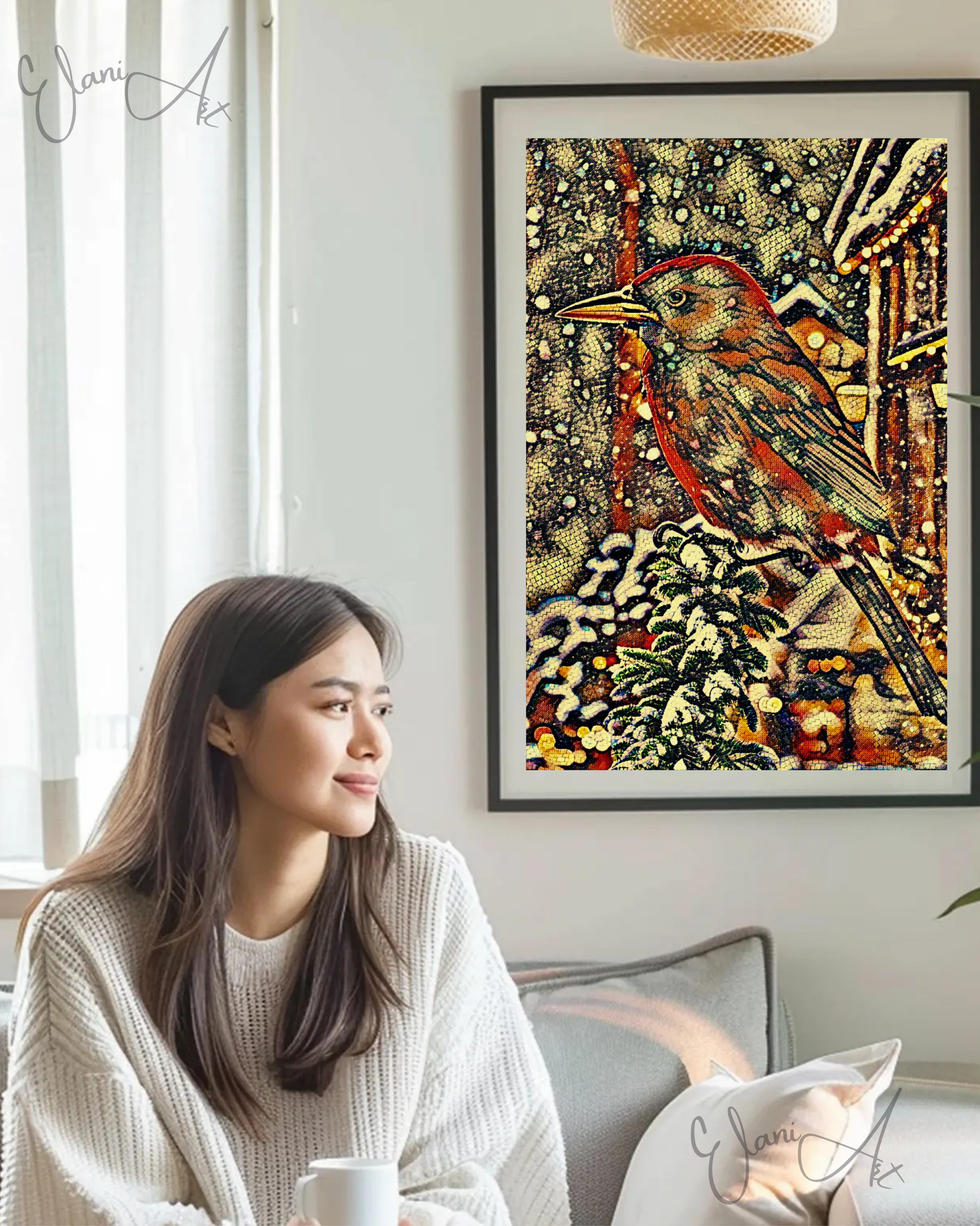 IN THE SNOW - An Original Vivid Brown Bird on Tree Branch in the Snow Mosaic Portrait Winter Impressionistic Wall Artwork Print by ElaniArt