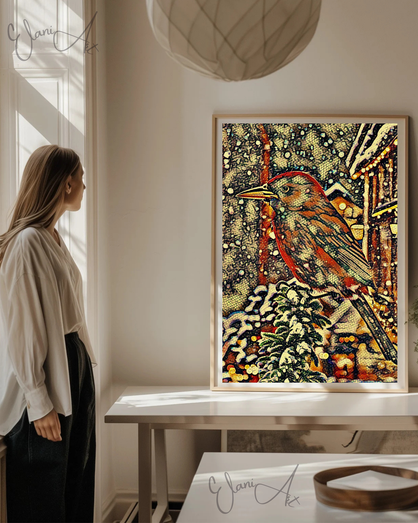 IN THE SNOW - An Original Vivid Brown Bird on Tree Branch in the Snow Mosaic Portrait Winter Impressionistic Wall Artwork Print by ElaniArt