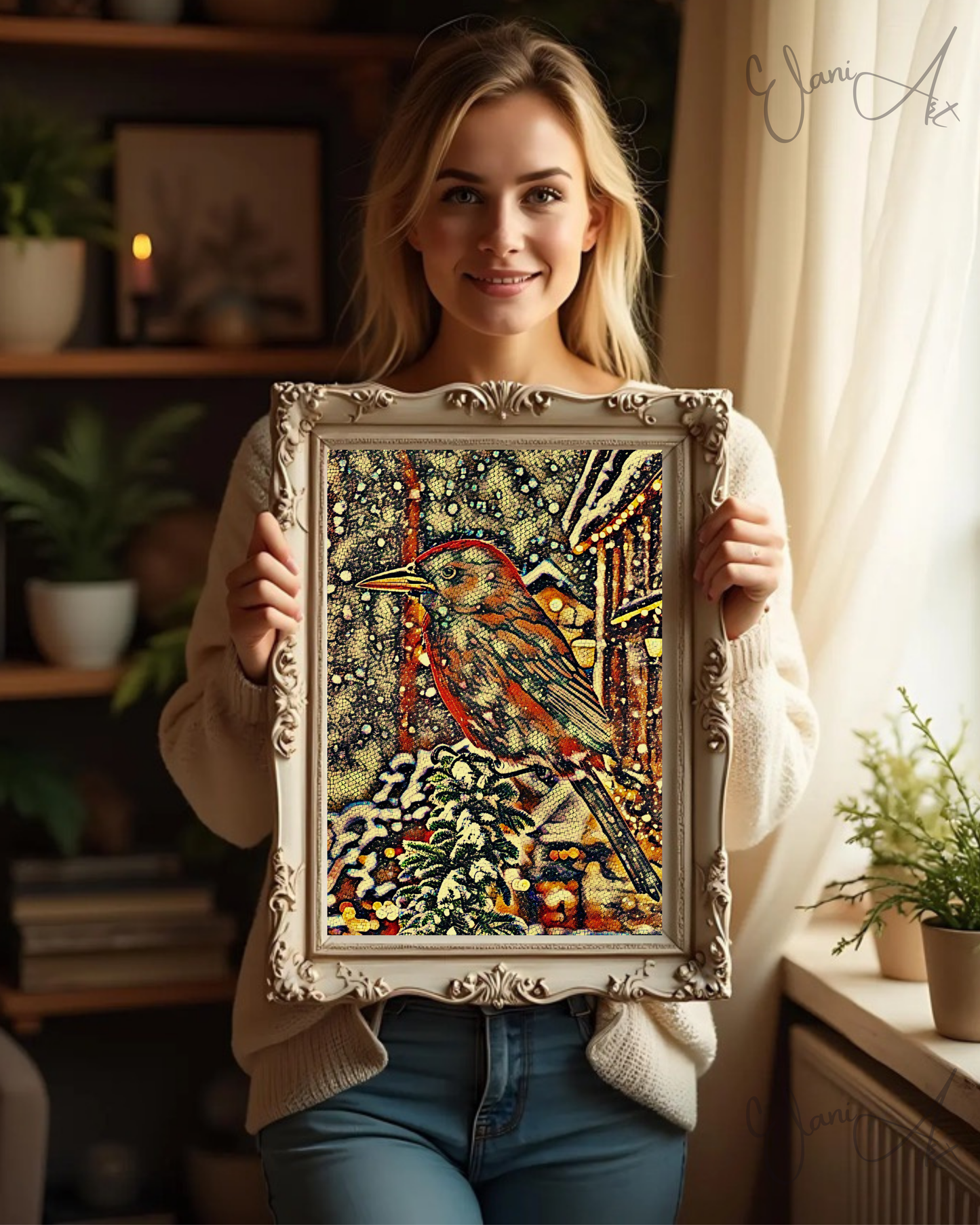 IN THE SNOW - An Original Vivid Brown Bird on Tree Branch in the Snow Mosaic Portrait Winter Impressionistic Wall Artwork Print by ElaniArt