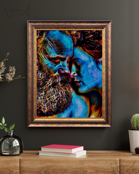 IN LOVE - An Original Vibrant Colorful Blue Bearded Man Woman Couple In Love Eyes Closed Portrait Impressionistic Artwork Print by ElaniArt