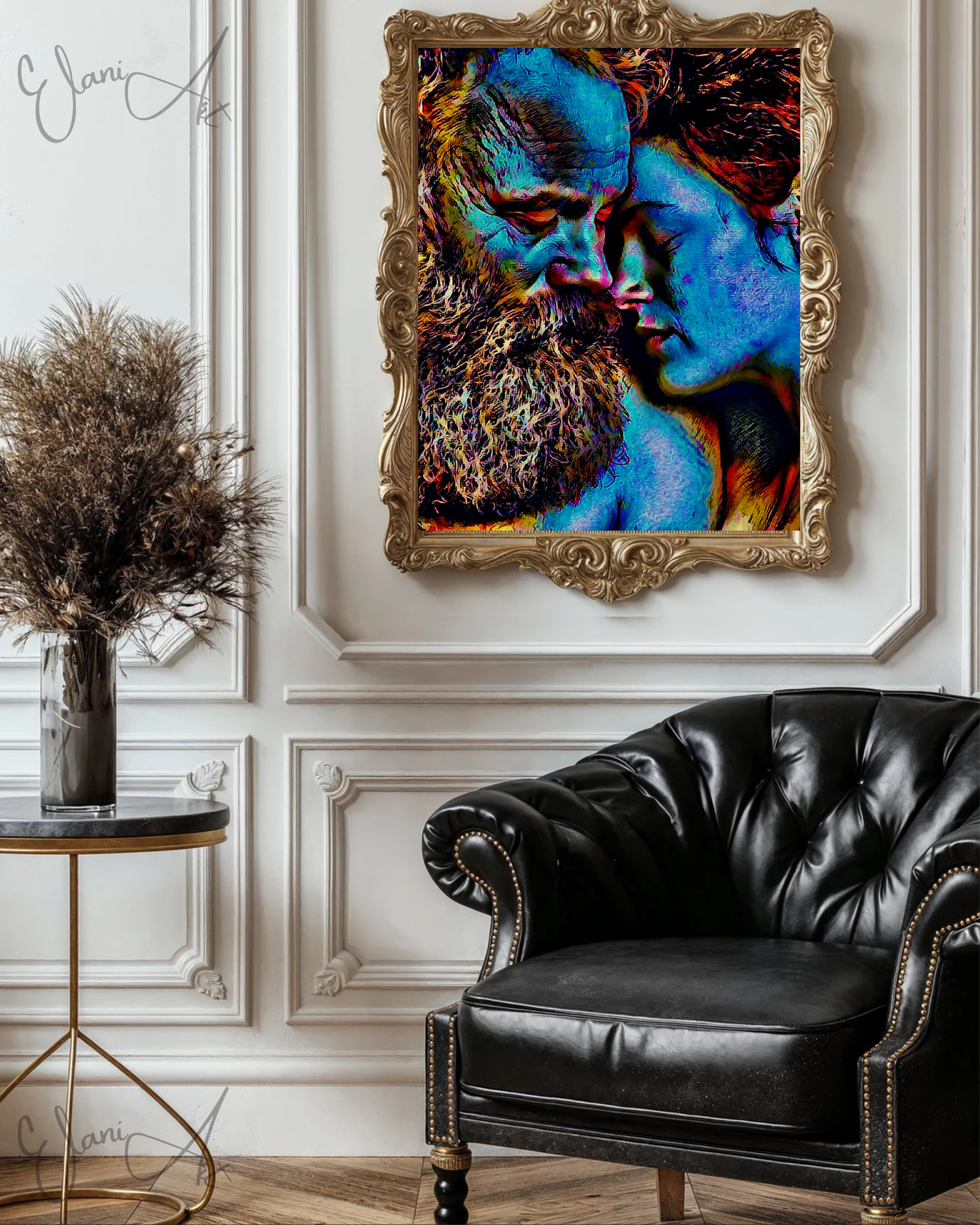 IN LOVE - An Original Vibrant Colorful Blue Bearded Man Woman Couple In Love Eyes Closed Portrait Impressionistic Artwork Print by ElaniArt