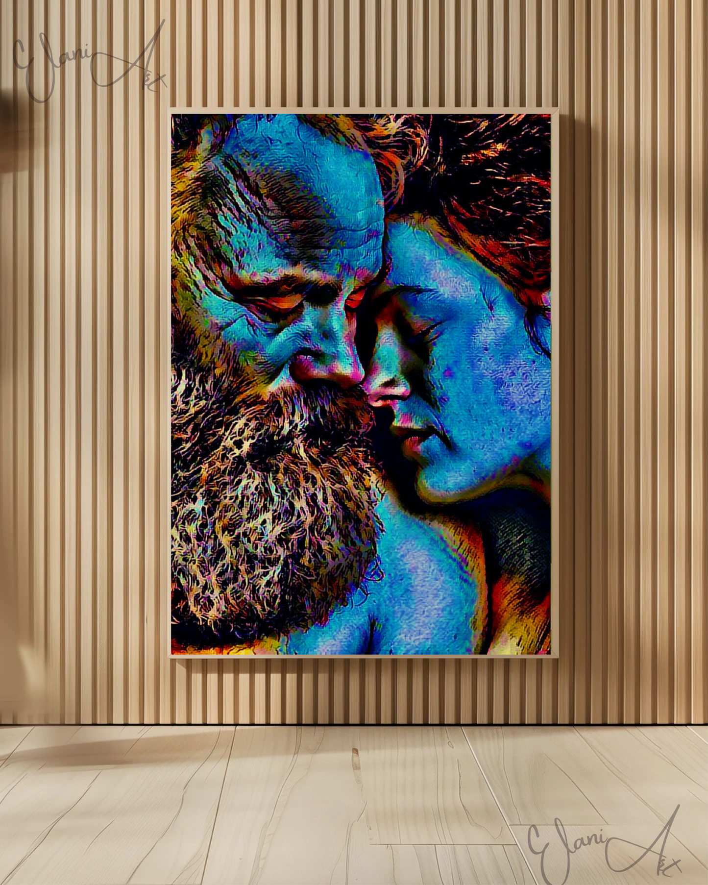 IN LOVE - An Original Vibrant Colorful Blue Bearded Man Woman Couple In Love Eyes Closed Portrait Impressionistic Artwork Print by ElaniArt