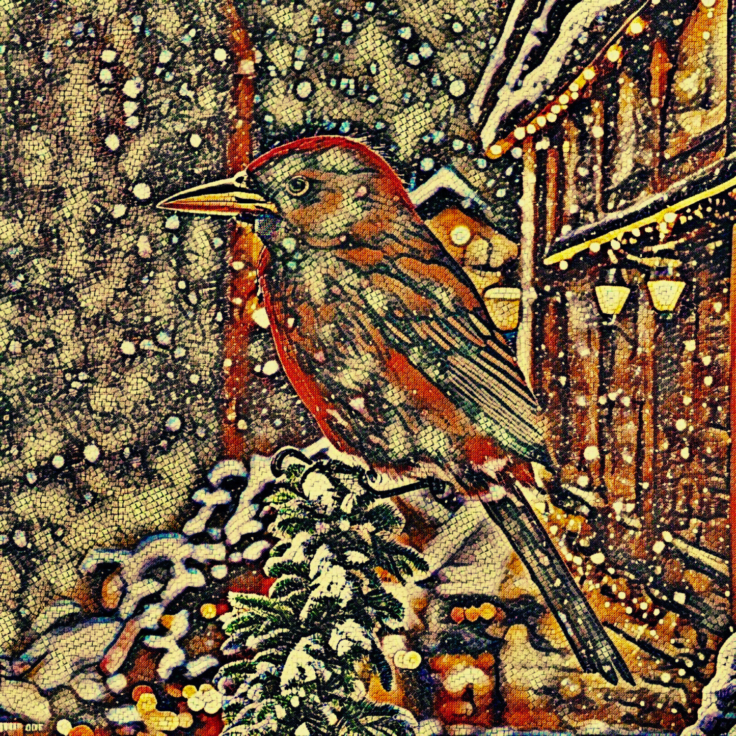IN THE SNOW - An Original Vivid Brown Bird on Tree Branch in the Snow Mosaic Portrait Winter Impressionistic Wall Artwork Print by ElaniArt