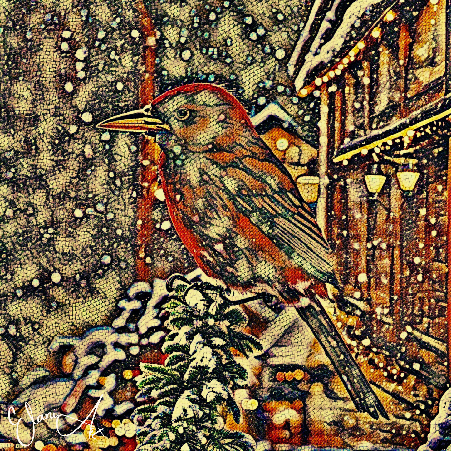 IN THE SNOW - An Original Vivid Brown Bird on Tree Branch in the Snow Mosaic Portrait Winter Impressionistic Wall Artwork Print by ElaniArt