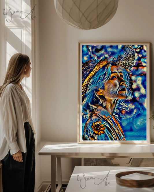 I WONDER - An Original Vibrant Colorful Blue Older Woman with Gardening Hat Looking Up Portrait Impressionistic Artwork Print by ElaniArt