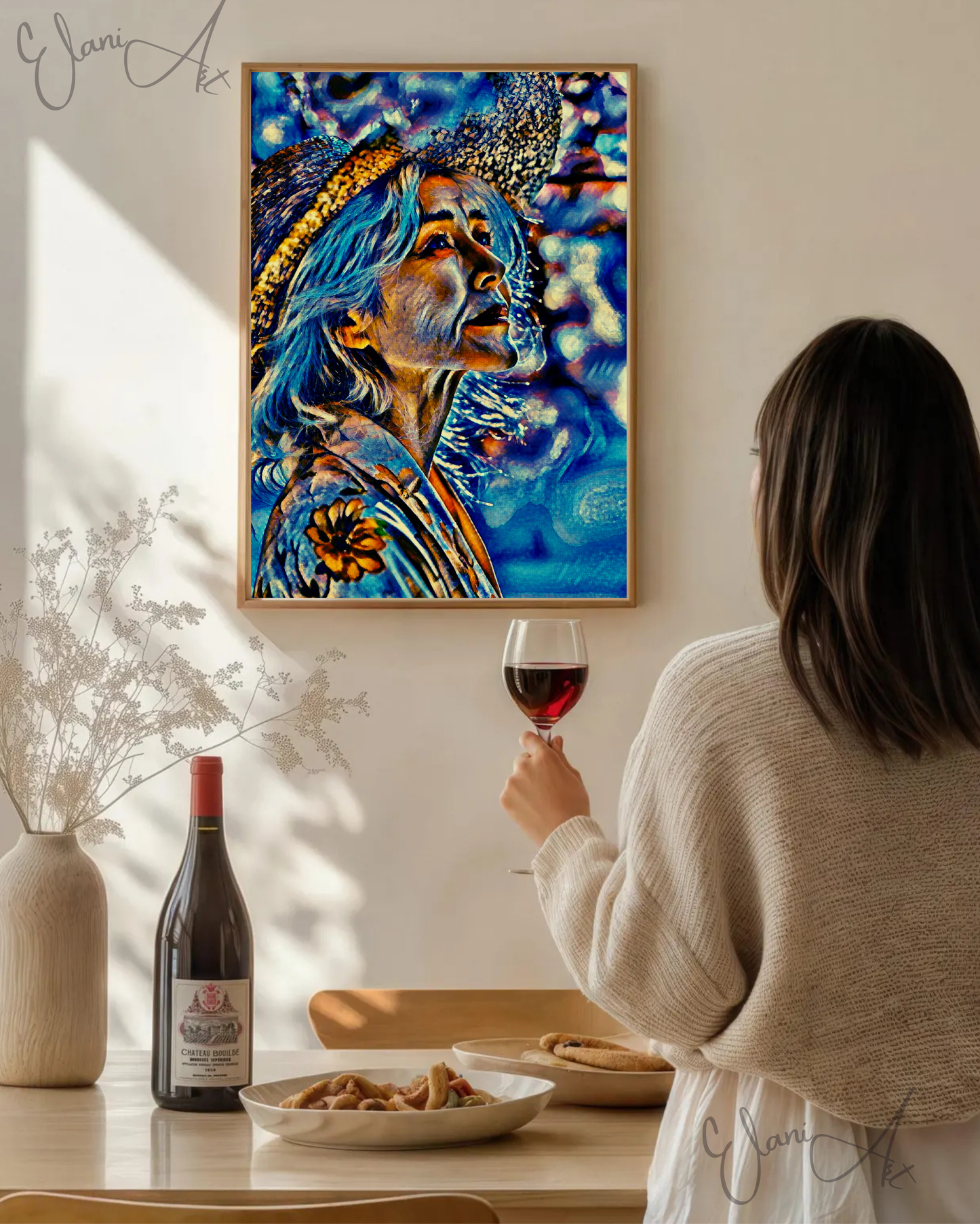 I WONDER - An Original Vibrant Colorful Blue Older Woman with Gardening Hat Looking Up Portrait Impressionistic Artwork Print by ElaniArt