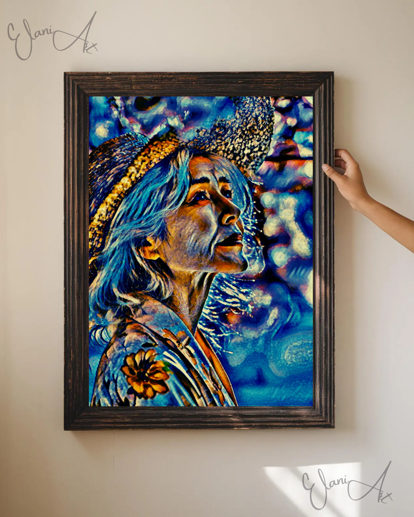 I WONDER - An Original Vibrant Colorful Blue Older Woman with Gardening Hat Looking Up Portrait Impressionistic Artwork Print by ElaniArt