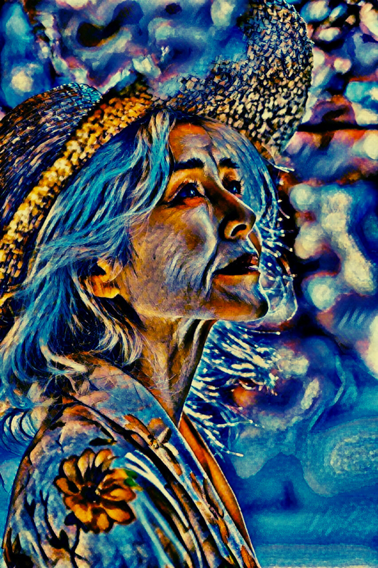 I WONDER - An Original Vibrant Colorful Blue Older Woman with Gardening Hat Looking Up Portrait Impressionistic Artwork Print by ElaniArt