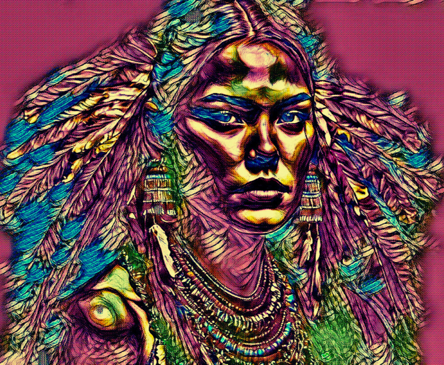 JULIETTA - An Original Vibrant Pink Colorful Native American Woman Portrait Feather Headdress Impressionistic Wall Artwork Print by ElaniArt