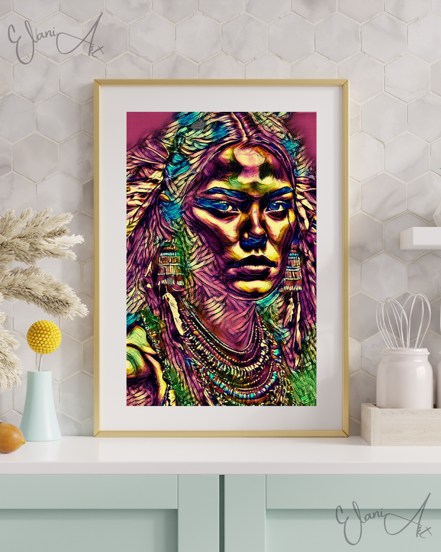 JULIETTA - An Original Vibrant Pink Colorful Native American Woman Portrait Feather Headdress Impressionistic Wall Artwork Print by ElaniArt
