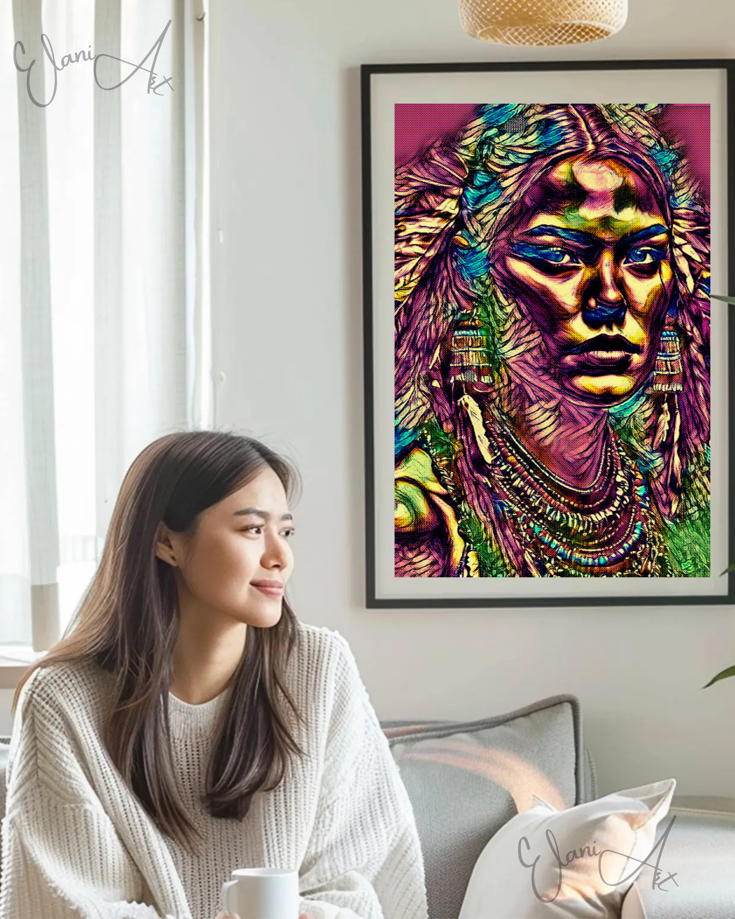 JULIETTA - An Original Vibrant Pink Colorful Native American Woman Portrait Feather Headdress Impressionistic Wall Artwork Print by ElaniArt