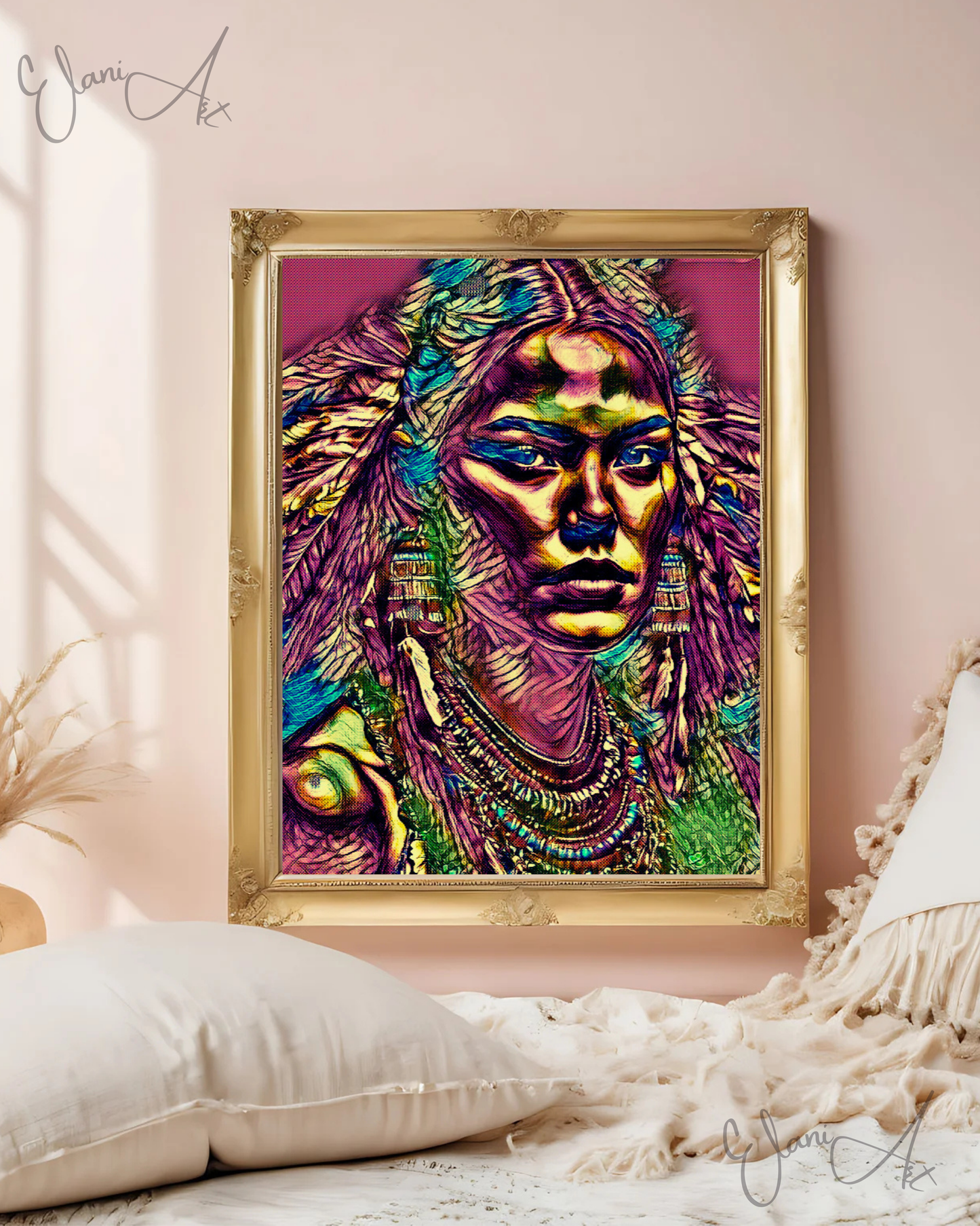 JULIETTA - An Original Vibrant Pink Colorful Native American Woman Portrait Feather Headdress Impressionistic Wall Artwork Print by ElaniArt