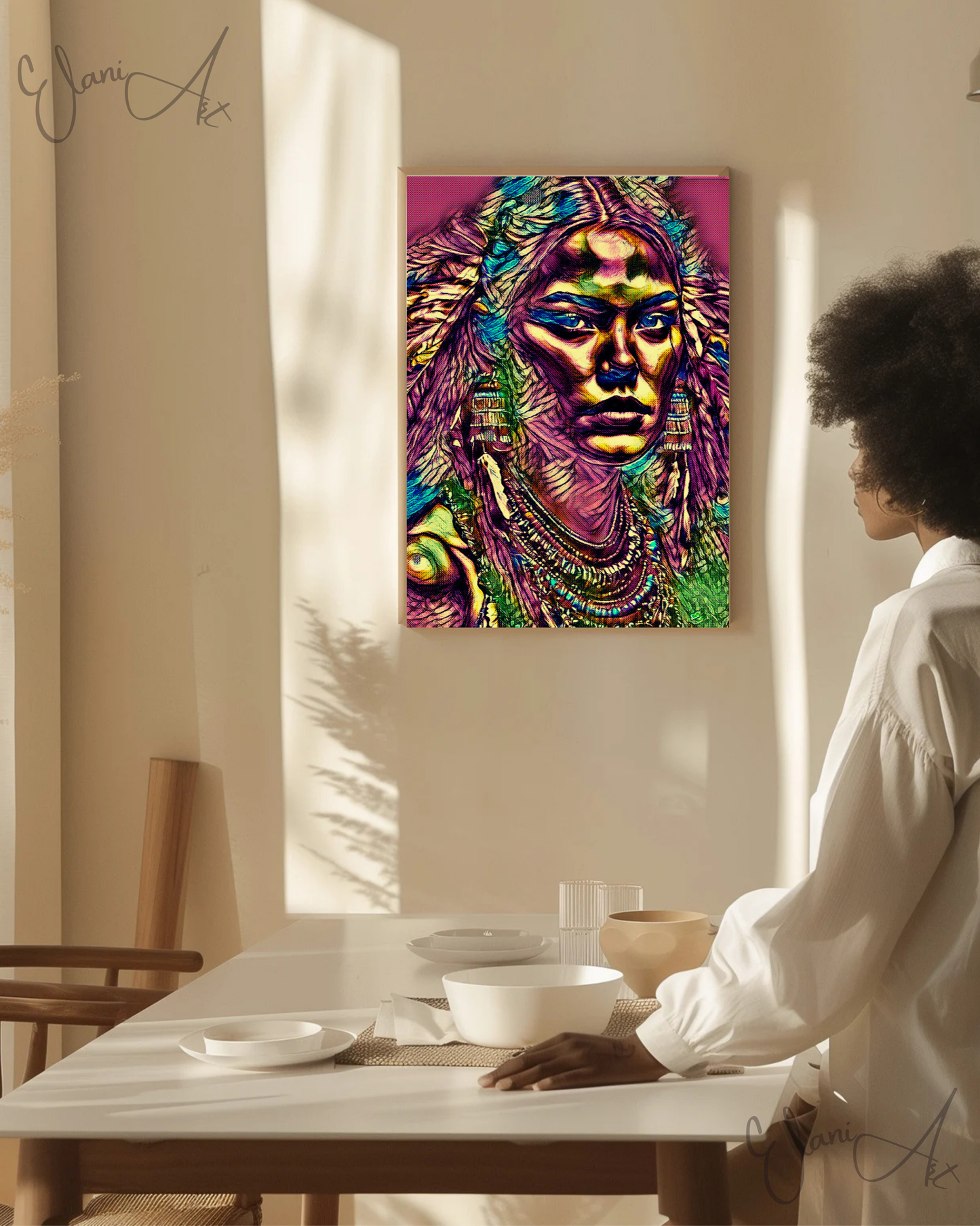 JULIETTA - An Original Vibrant Pink Colorful Native American Woman Portrait Feather Headdress Impressionistic Wall Artwork Print by ElaniArt