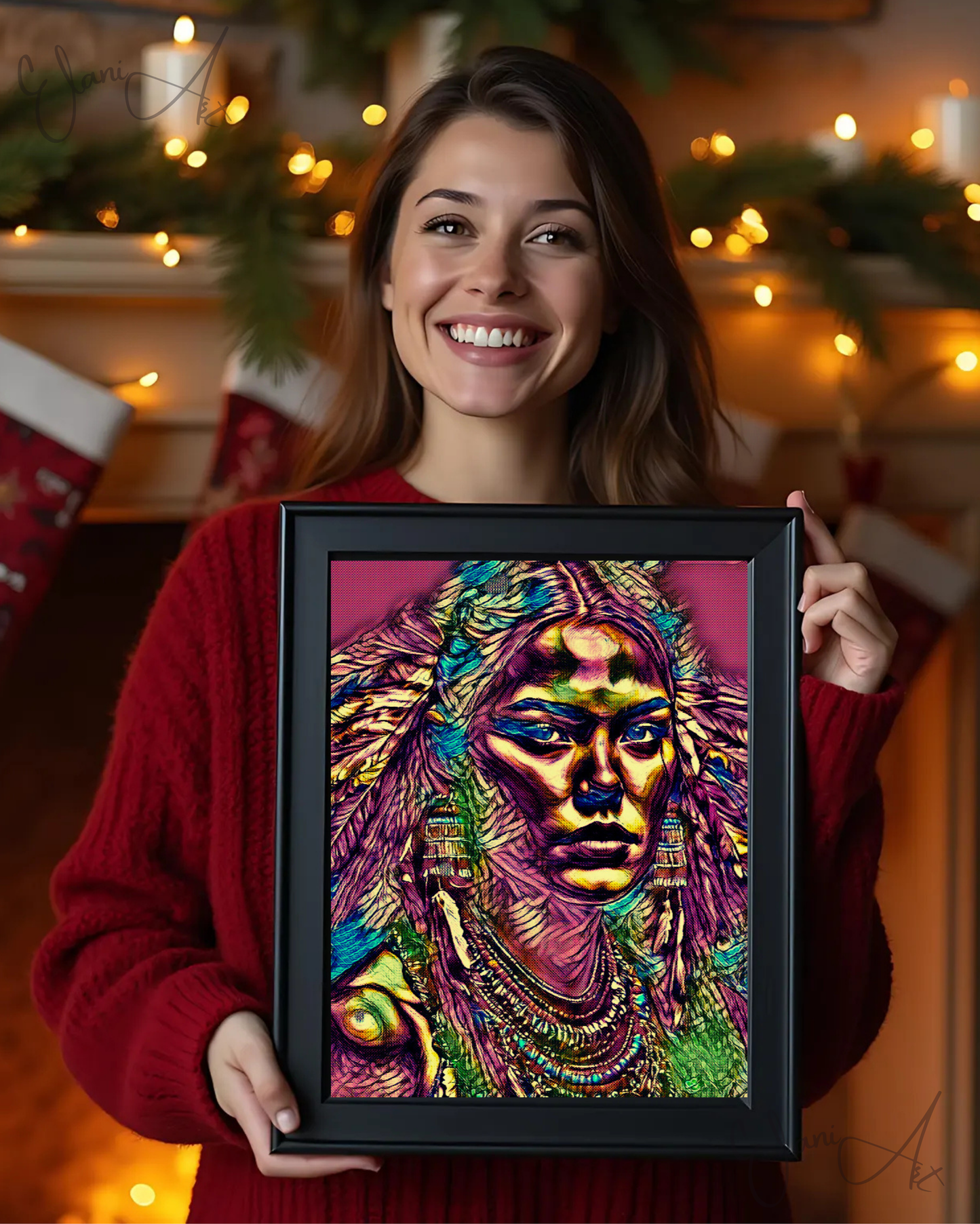 JULIETTA - An Original Vibrant Pink Colorful Native American Woman Portrait Feather Headdress Impressionistic Wall Artwork Print by ElaniArt