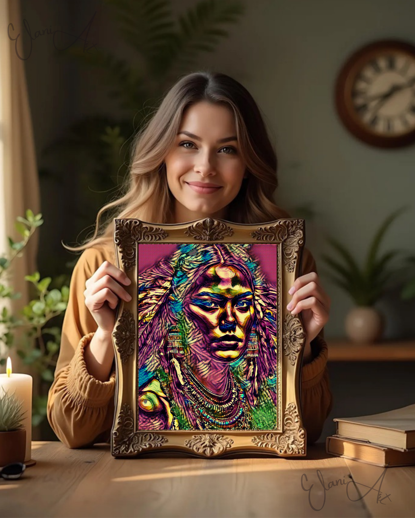 JULIETTA - An Original Vibrant Pink Colorful Native American Woman Portrait Feather Headdress Impressionistic Wall Artwork Print by ElaniArt