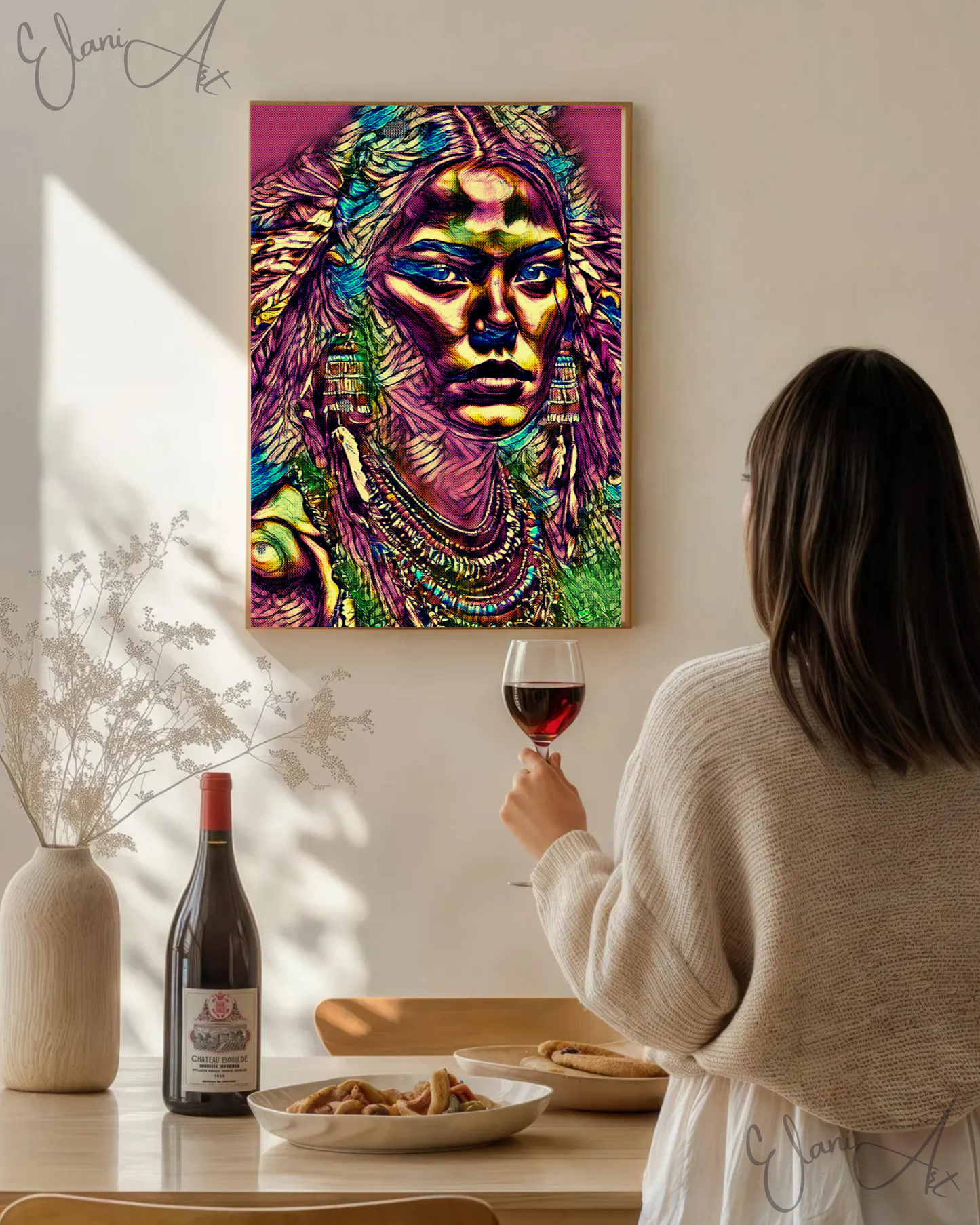JULIETTA - An Original Vibrant Pink Colorful Native American Woman Portrait Feather Headdress Impressionistic Wall Artwork Print by ElaniArt