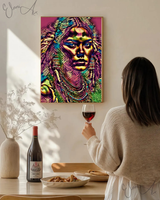 JULIETTA - An Original Vibrant Pink Colorful Native American Woman Portrait Feather Headdress Impressionistic Wall Artwork Print by ElaniArt