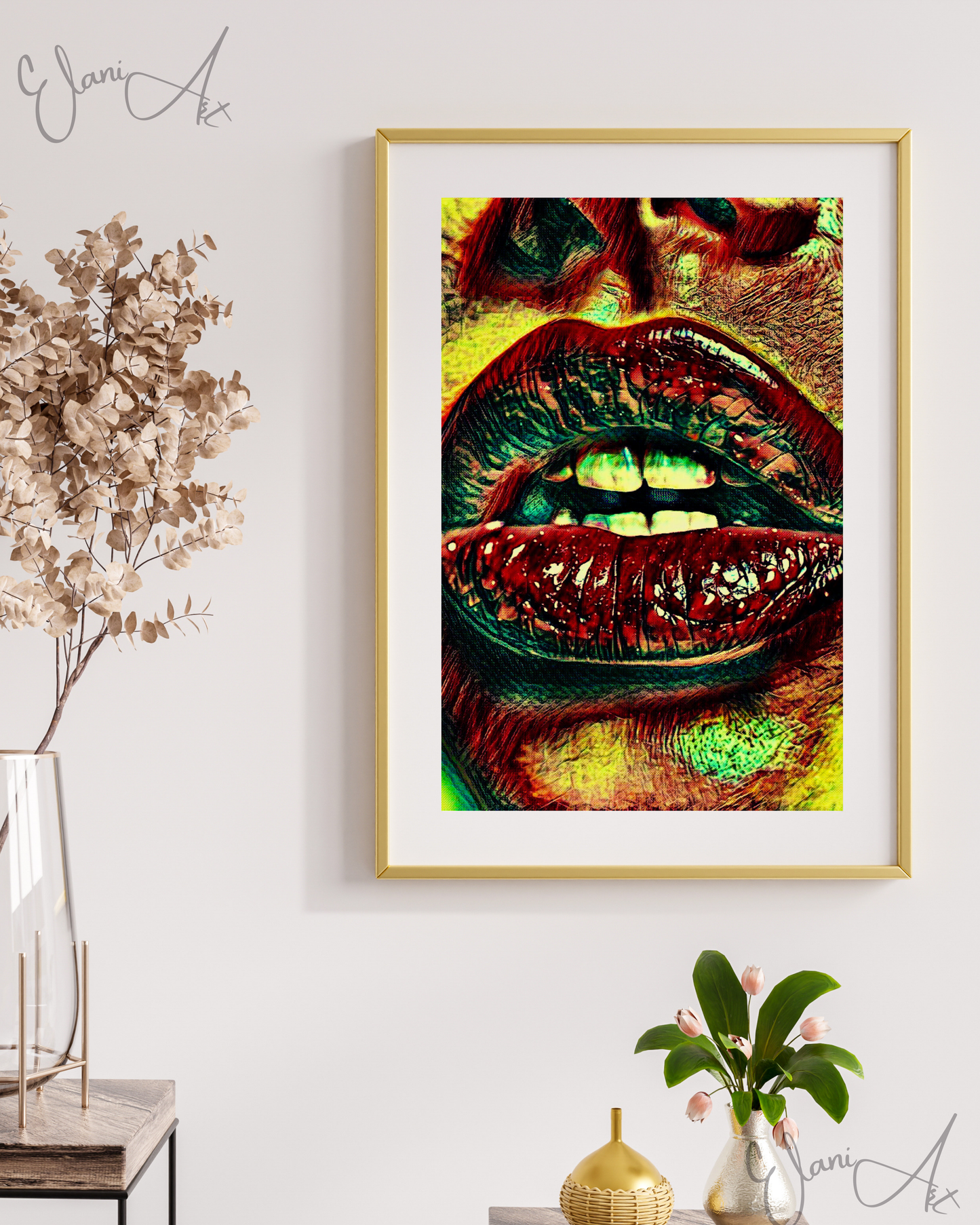 LIPS - An Original Vibrant Red Colorful Woman Lips Open Mouth Teeth Bold Lip Motif Portrait Impressionistic Wall Artwork Print by ElaniArt