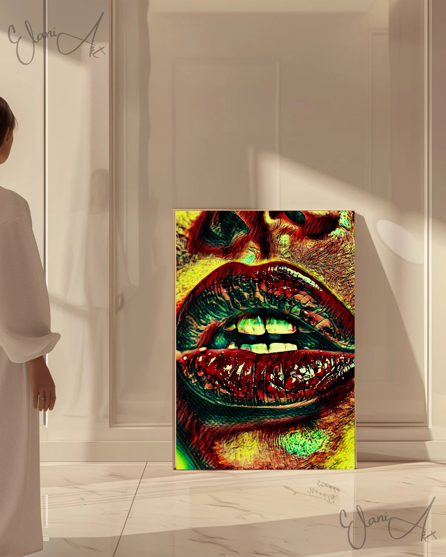 LIPS - An Original Vibrant Red Colorful Woman Lips Open Mouth Teeth Bold Lip Motif Portrait Impressionistic Wall Artwork Print by ElaniArt