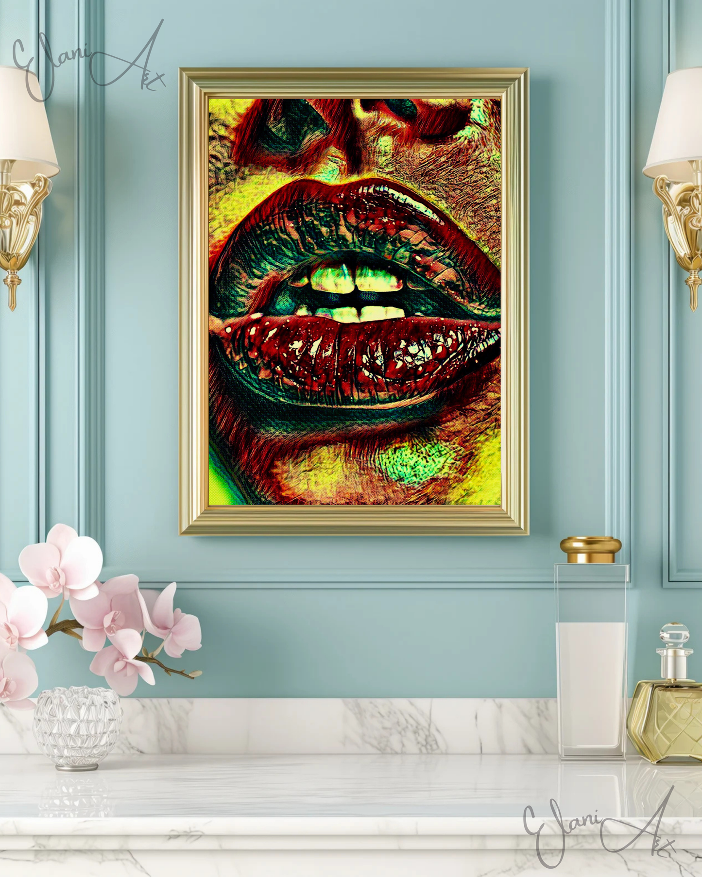 LIPS - An Original Vibrant Red Colorful Woman Lips Open Mouth Teeth Bold Lip Motif Portrait Impressionistic Wall Artwork Print by ElaniArt