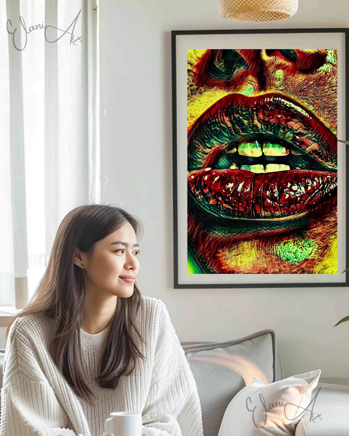 LIPS - An Original Vibrant Red Colorful Woman Lips Open Mouth Teeth Bold Lip Motif Portrait Impressionistic Wall Artwork Print by ElaniArt