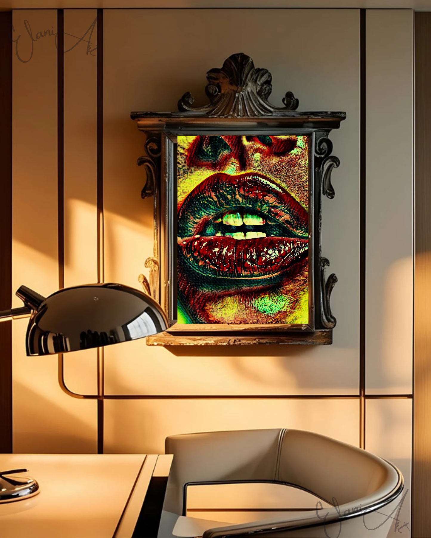 LIPS - An Original Vibrant Red Colorful Woman Lips Open Mouth Teeth Bold Lip Motif Portrait Impressionistic Wall Artwork Print by ElaniArt