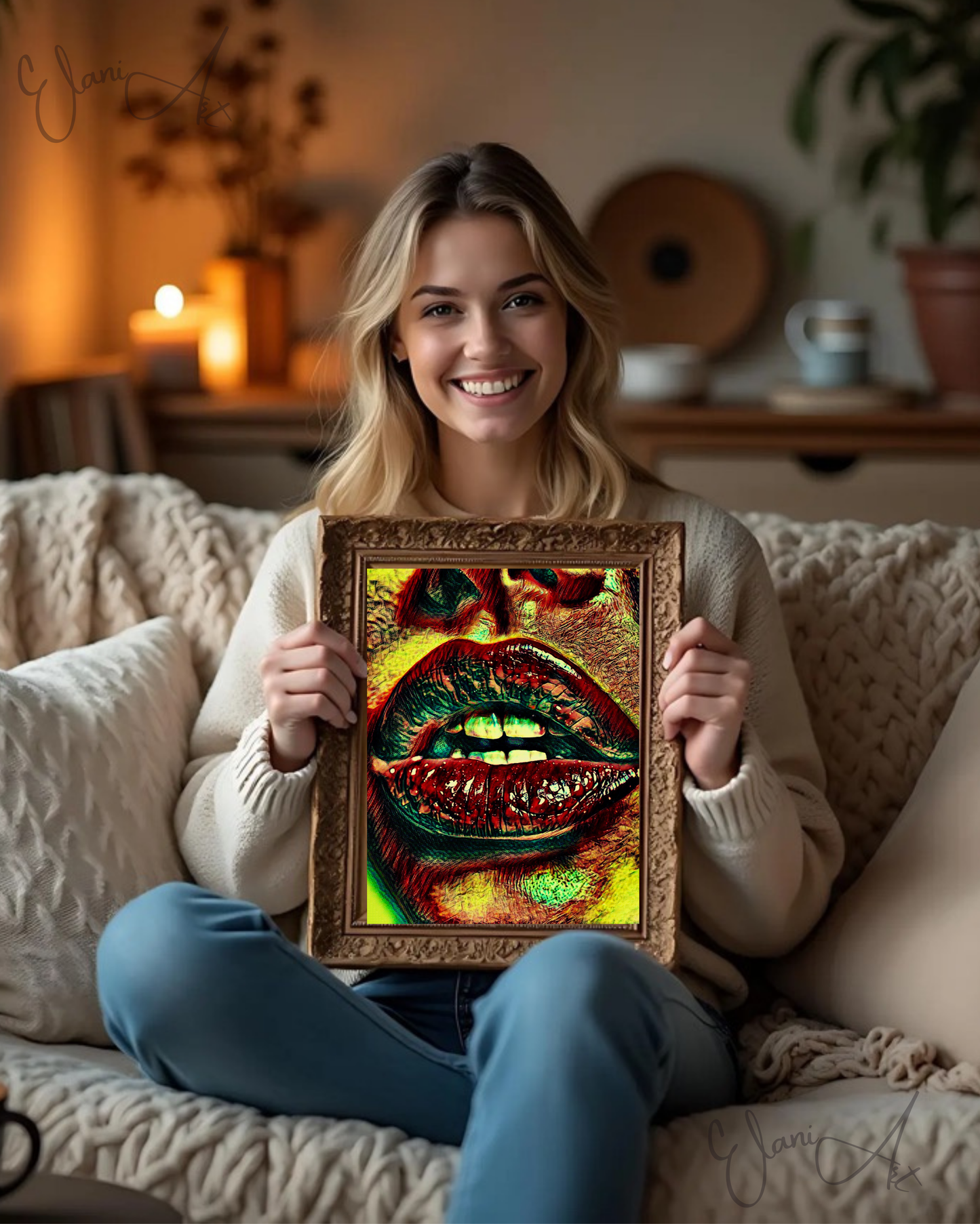 LIPS - An Original Vibrant Red Colorful Woman Lips Open Mouth Teeth Bold Lip Motif Portrait Impressionistic Wall Artwork Print by ElaniArt