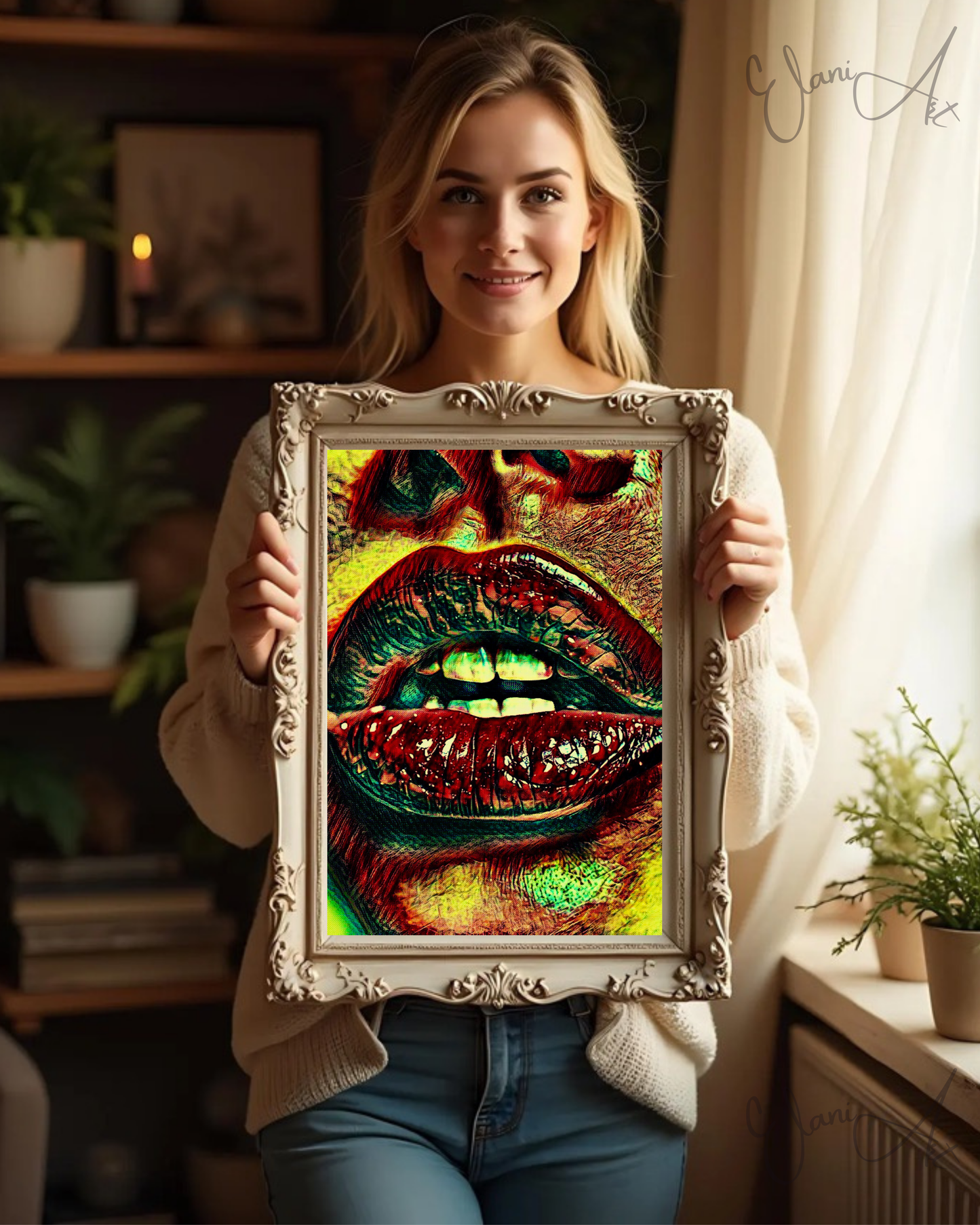 LIPS - An Original Vibrant Red Colorful Woman Lips Open Mouth Teeth Bold Lip Motif Portrait Impressionistic Wall Artwork Print by ElaniArt
