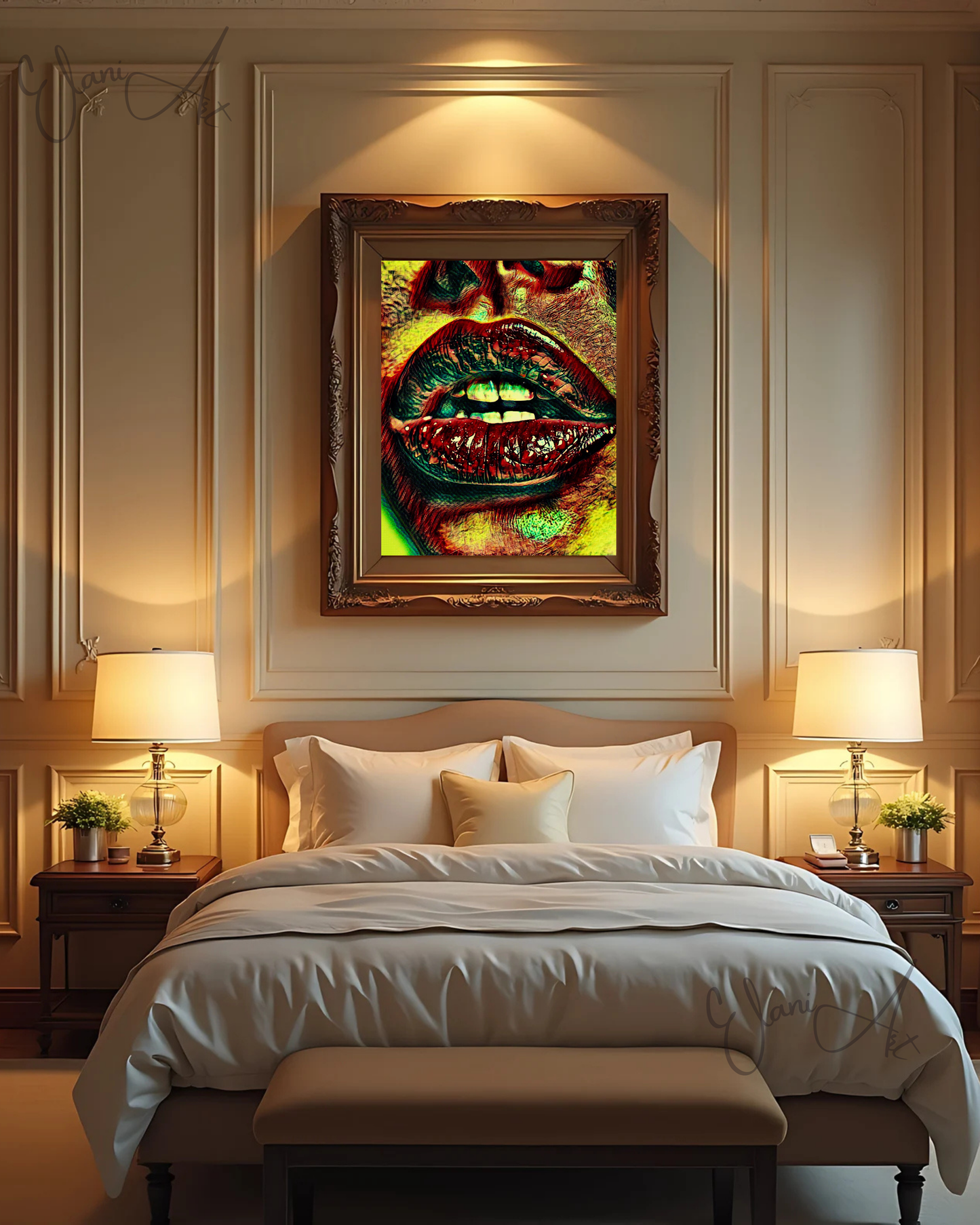 LIPS - An Original Vibrant Red Colorful Woman Lips Open Mouth Teeth Bold Lip Motif Portrait Impressionistic Wall Artwork Print by ElaniArt