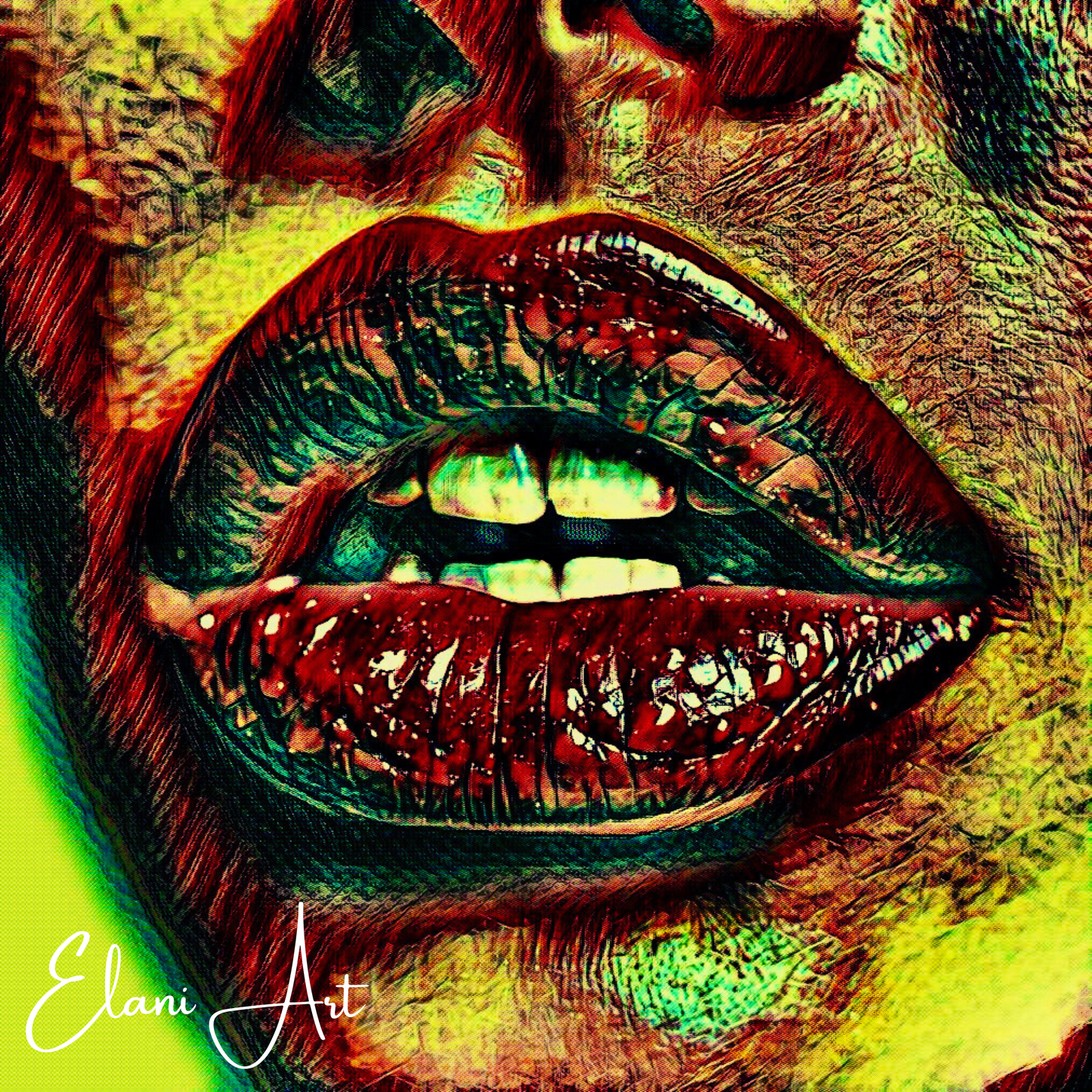 LIPS - An Original Vibrant Red Colorful Woman Lips Open Mouth Teeth Bold Lip Motif Portrait Impressionistic Wall Artwork Print by ElaniArt