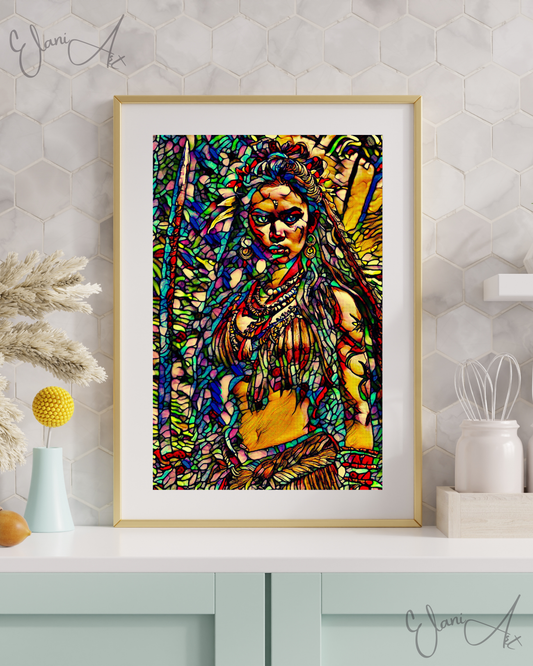 LUCIA - An Original Vibrant Colorful Stained Glass Native American Indigenous Hunter Woman Impressionistic Wall Artwork Print by ElaniArt