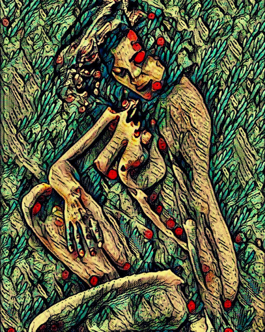 LUCIANA - An Original Vivid Green Plant-Like Erotic Woman Nude Sitting Portrait Impressionistic Wall Artwork Print - Erotic Art by ElaniArt