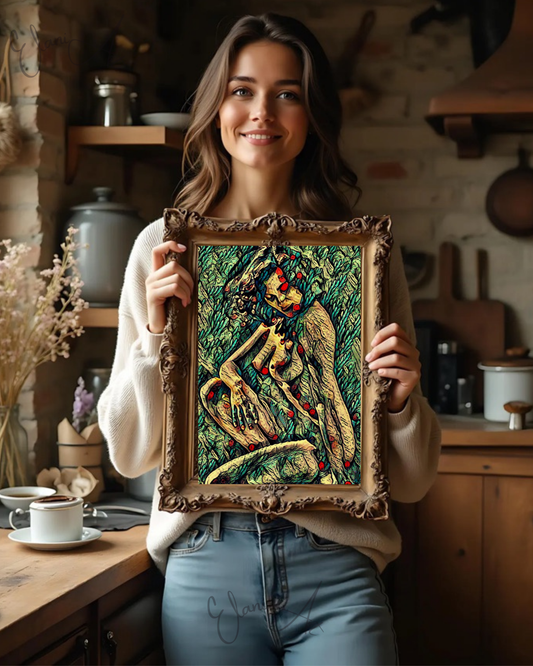 LUCIANA - An Original Vivid Green Plant-Like Erotic Woman Nude Sitting Portrait Impressionistic Wall Artwork Print - Erotic Art by ElaniArt