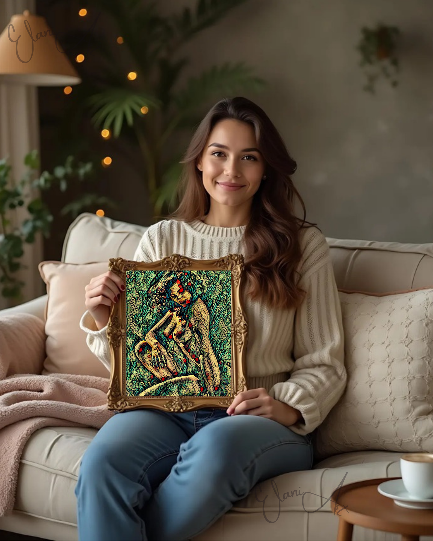 LUCIANA - An Original Vivid Green Plant-Like Erotic Woman Nude Sitting Portrait Impressionistic Wall Artwork Print - Erotic Art by ElaniArt