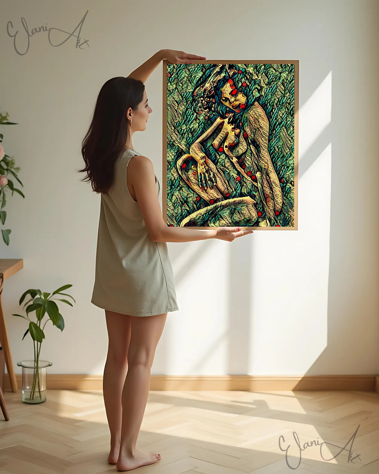 LUCIANA - An Original Vivid Green Plant-Like Erotic Woman Nude Sitting Portrait Impressionistic Wall Artwork Print - Erotic Art by ElaniArt