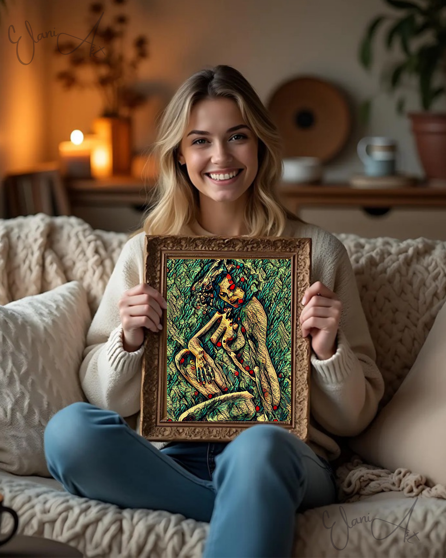 LUCIANA - An Original Vivid Green Plant-Like Erotic Woman Nude Sitting Portrait Impressionistic Wall Artwork Print - Erotic Art by ElaniArt