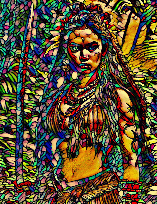 LUCIA - An Original Vibrant Colorful Stained Glass Native American Indigenous Hunter Woman Impressionistic Wall Artwork Print by ElaniArt