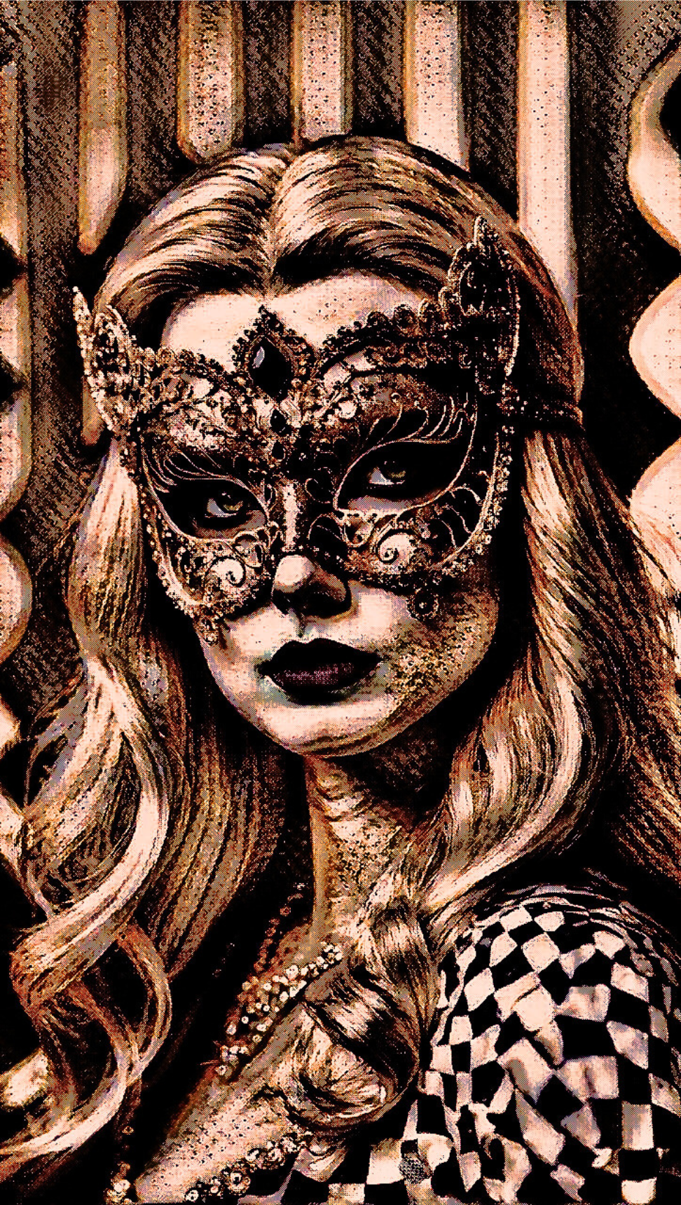 MASQUERADE - An Original Brown Portrait of Woman Wearing a Venetian Masquerade Mask Carnival Balls Impressionistic Artwork Print by ElaniArt
