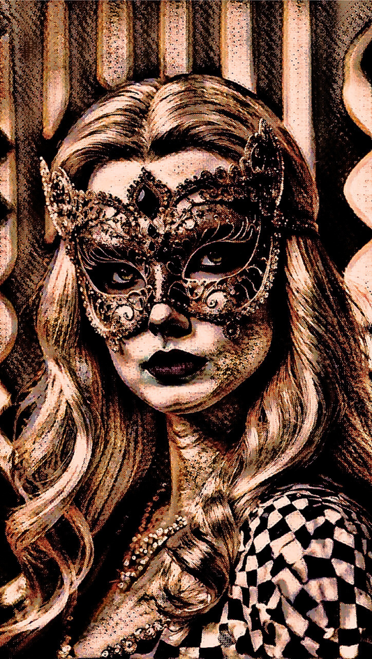 MASQUERADE - An Original Brown Portrait of Woman Wearing a Venetian Masquerade Mask Carnival Balls Impressionistic Artwork Print by ElaniArt