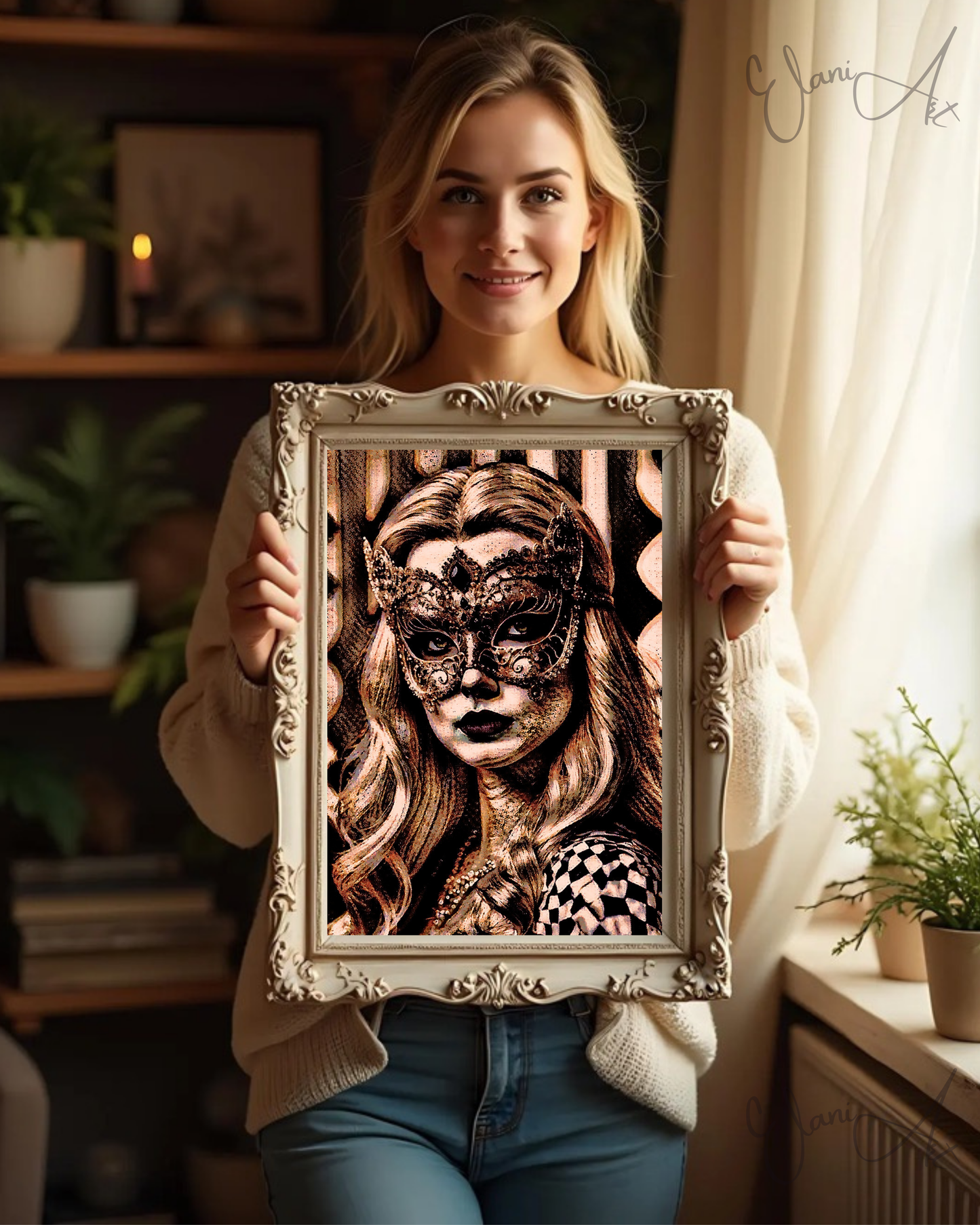 MASQUERADE - An Original Brown Portrait of Woman Wearing a Venetian Masquerade Mask Carnival Balls Impressionistic Artwork Print by ElaniArt