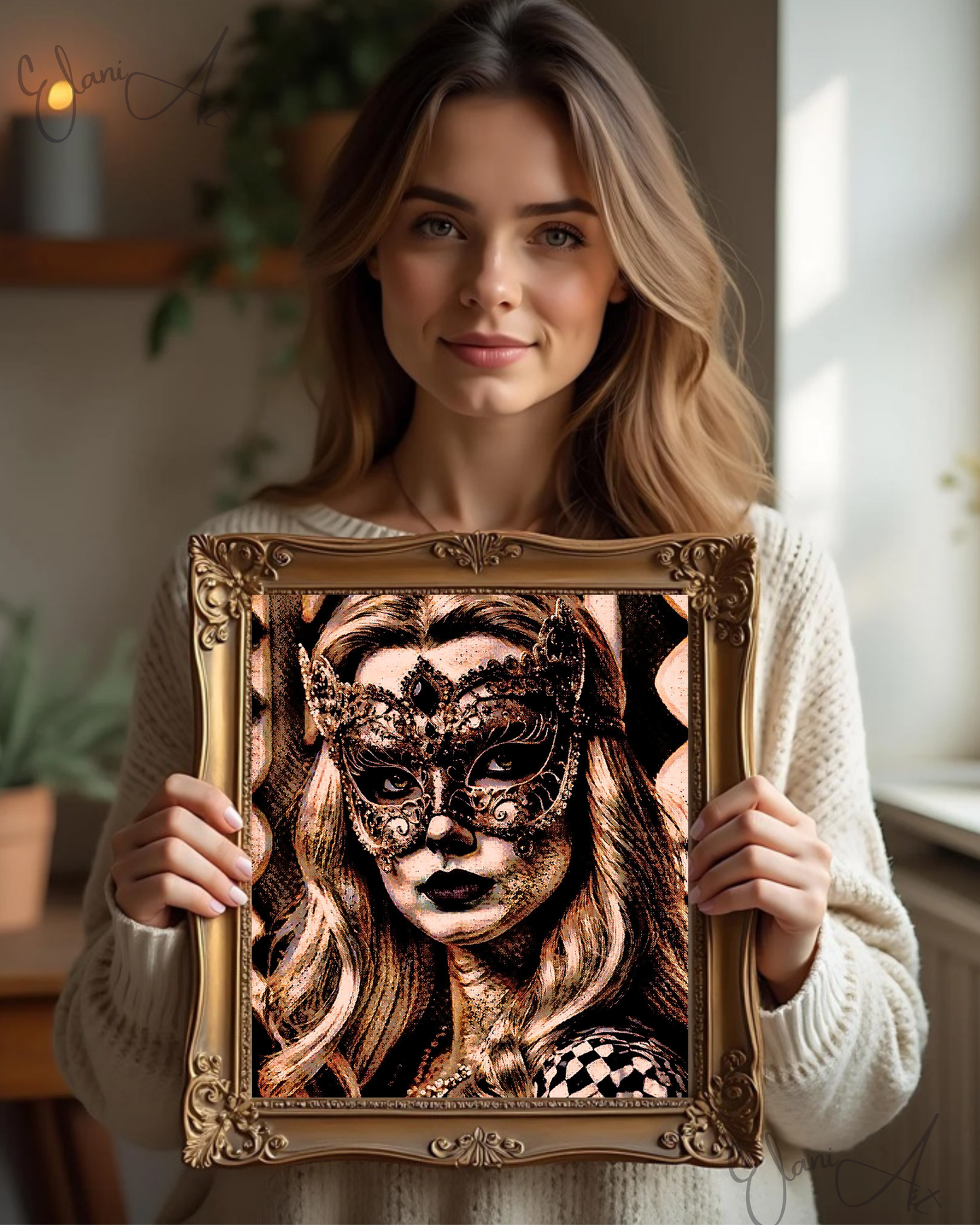 MASQUERADE - An Original Brown Portrait of Woman Wearing a Venetian Masquerade Mask Carnival Balls Impressionistic Artwork Print by ElaniArt