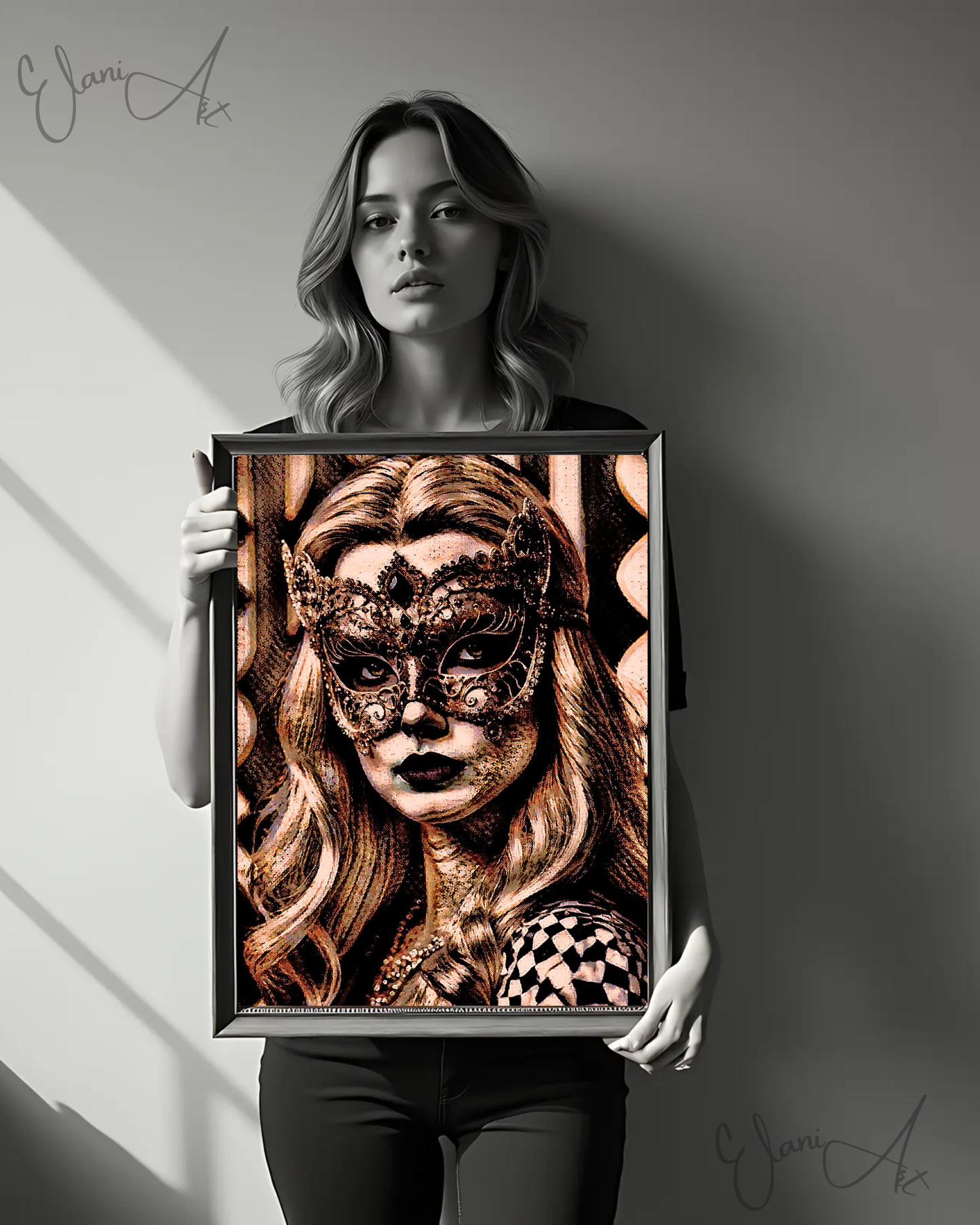 MASQUERADE - An Original Brown Portrait of Woman Wearing a Venetian Masquerade Mask Carnival Balls Impressionistic Artwork Print by ElaniArt