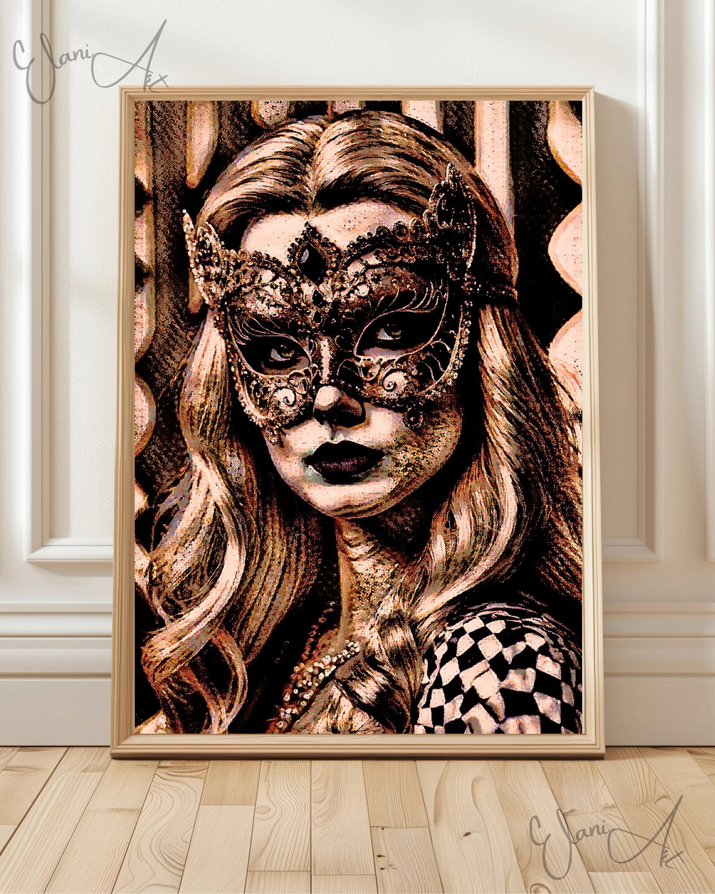 MASQUERADE - An Original Brown Portrait of Woman Wearing a Venetian Masquerade Mask Carnival Balls Impressionistic Artwork Print by ElaniArt