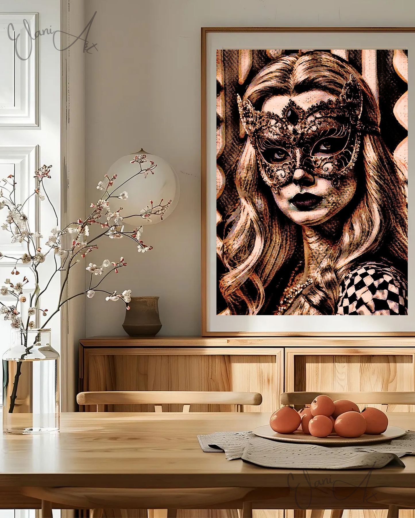 MASQUERADE - An Original Brown Portrait of Woman Wearing a Venetian Masquerade Mask Carnival Balls Impressionistic Artwork Print by ElaniArt