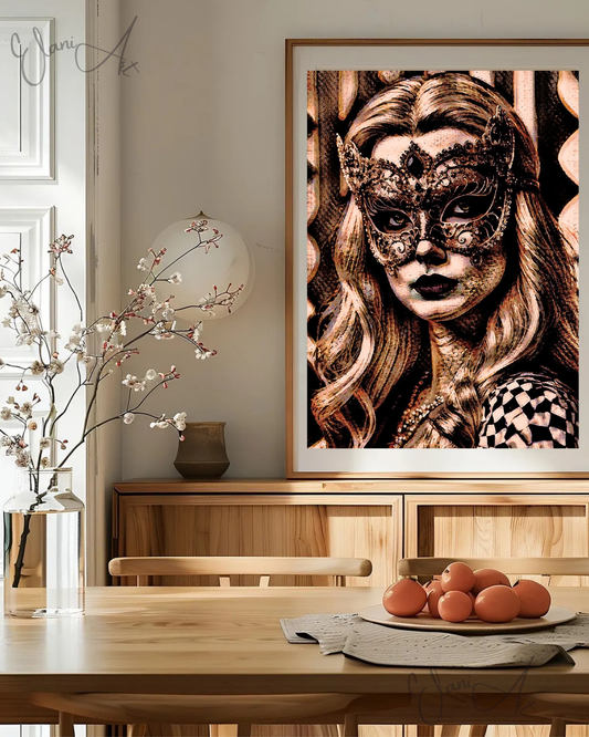 MASQUERADE - An Original Brown Portrait of Woman Wearing a Venetian Masquerade Mask Carnival Balls Impressionistic Artwork Print by ElaniArt