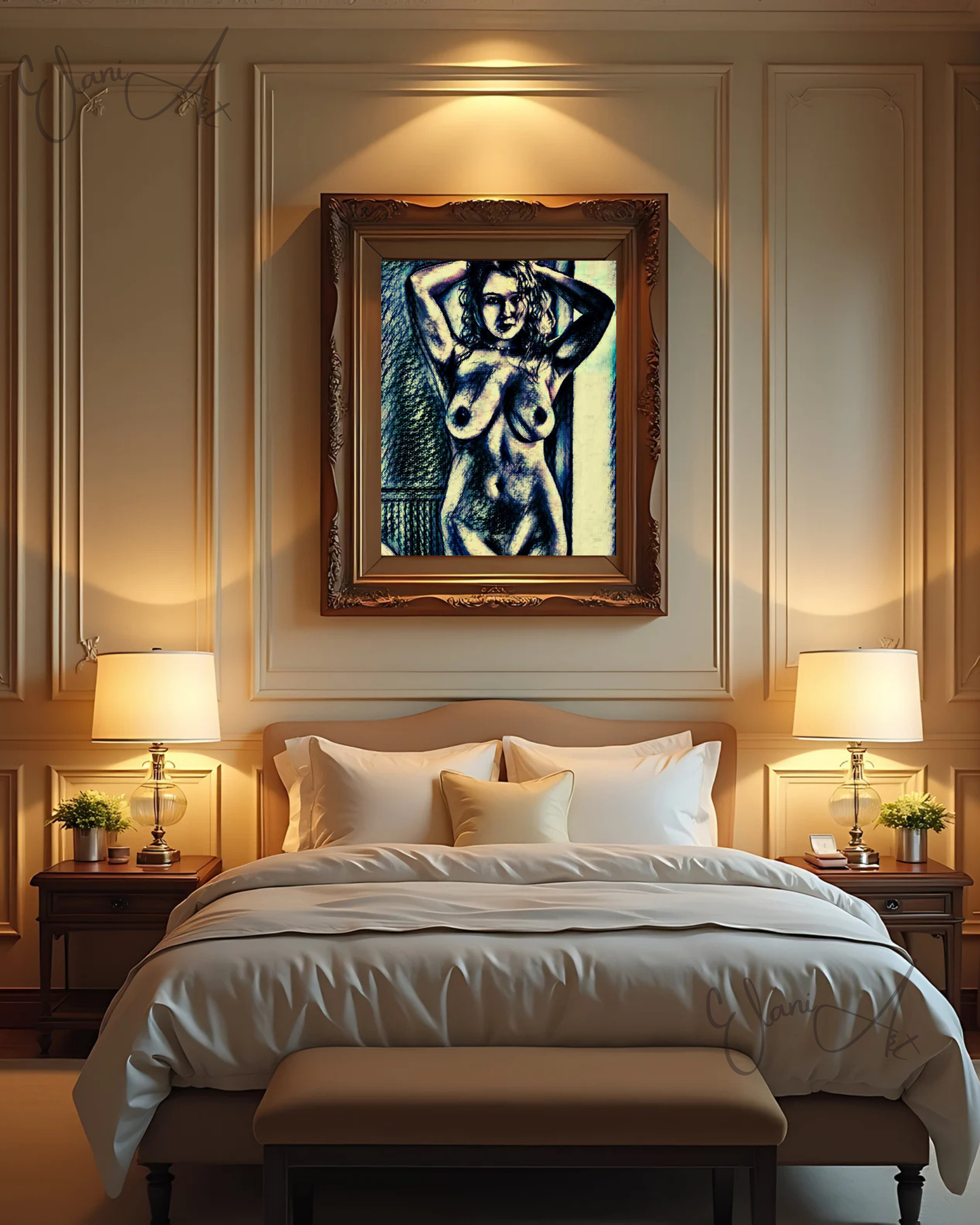 MESSY HAIR - An Original Vivid Black Ivory Erotic Nude Woman Portrait Hands in Hair Impressionistic Artwork Print - Erotic Art by ElaniArt