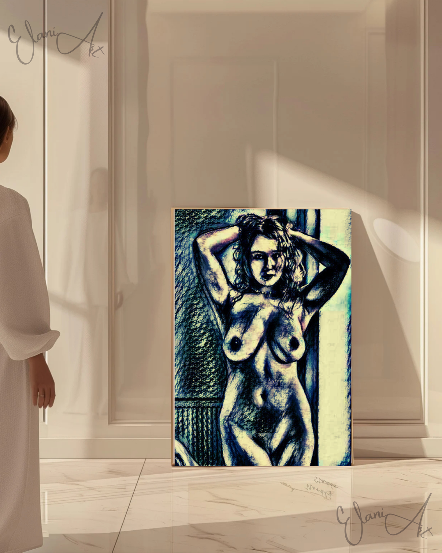 MESSY HAIR - An Original Vivid Black Ivory Erotic Nude Woman Portrait Hands in Hair Impressionistic Artwork Print - Erotic Art by ElaniArt