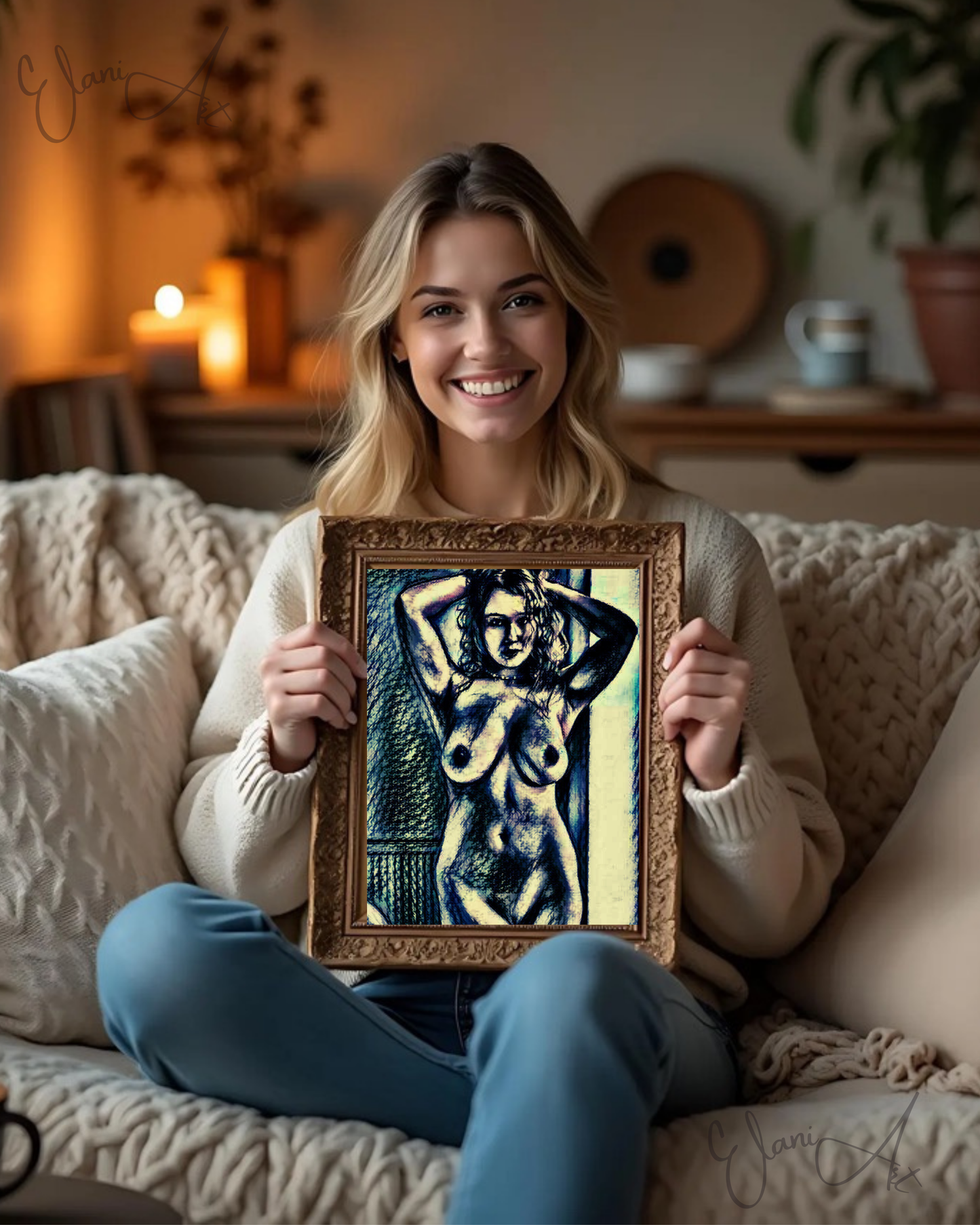 MESSY HAIR - An Original Vivid Black Ivory Erotic Nude Woman Portrait Hands in Hair Impressionistic Artwork Print - Erotic Art by ElaniArt