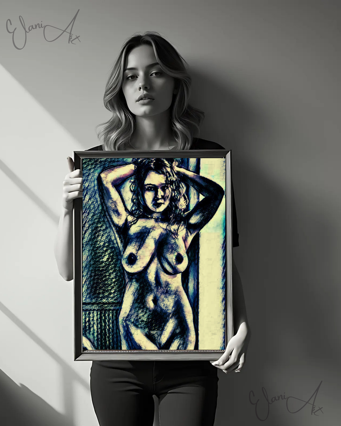 MESSY HAIR - An Original Vivid Black Ivory Erotic Nude Woman Portrait Hands in Hair Impressionistic Artwork Print - Erotic Art by ElaniArt